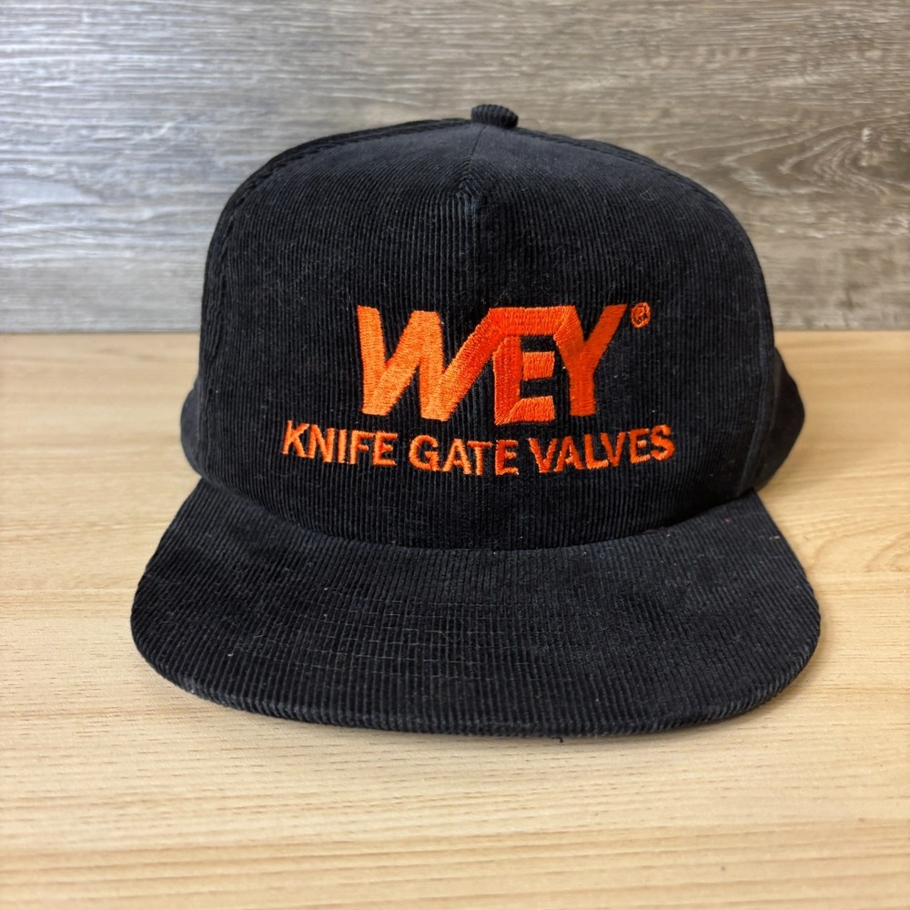 Vintage WEY Knife Gate Valves Hat Cap Snap Back Black Corduroy Adjustable